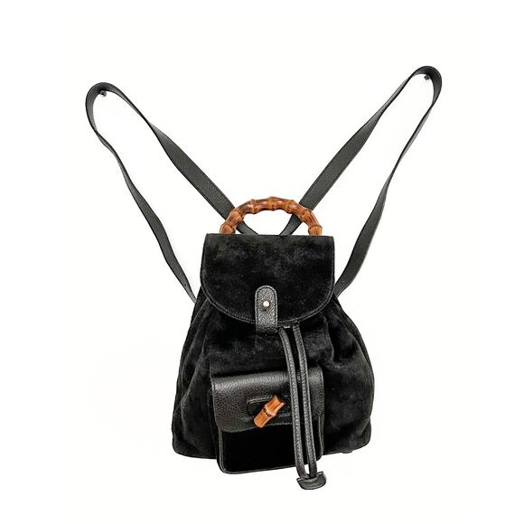 Vintage Gucci Black Suede and Bamboo Handle Backpack Purse - Picture 1 of 11